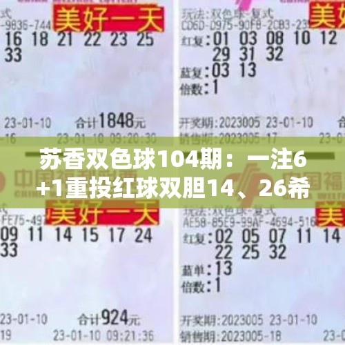 苏香双色球104期：一注6+1重投红球双胆14、26希望中奖