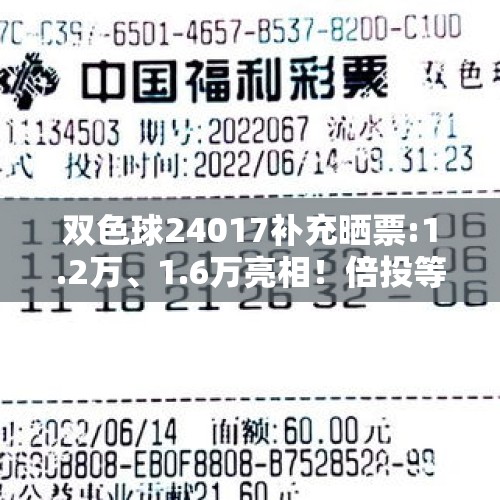 双色球24017补充晒票:1.2万、1.6万亮相！倍投等82张复式纷至沓来