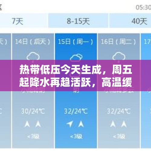 热带低压今天生成，周五起降水再趋活跃，高温缓解