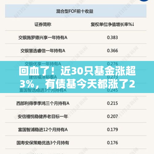 回血了！近30只基金涨超3%，有债基今天都涨了2%