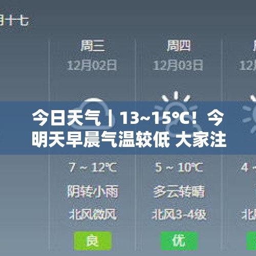 今日天气｜13~15℃！今明天早晨气温较低 大家注意添衣保暖