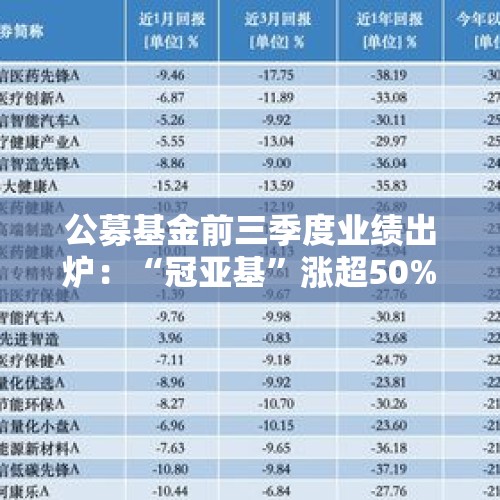 公募基金前三季度业绩出炉：“冠亚基”涨超50%，七成主动权益基金取得正收益