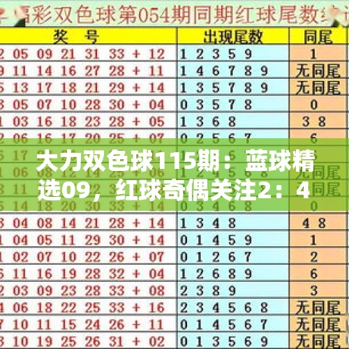 大力双色球115期：蓝球精选09，红球奇偶关注2：4