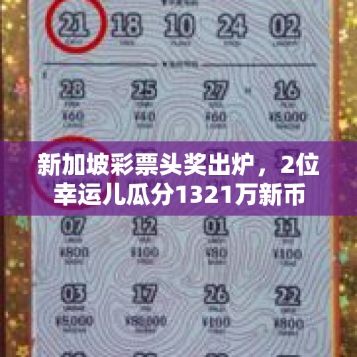 新加坡彩票头奖出炉，2位幸运儿瓜分1321万新币