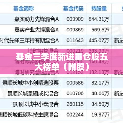 基金三季度新进重仓股五大榜单（附股）