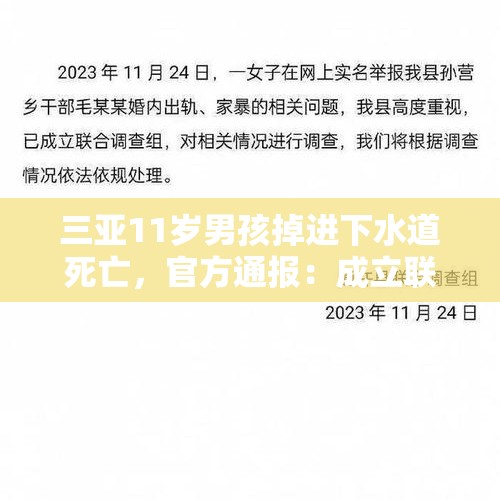 三亚11岁男孩掉进下水道死亡，官方通报：成立联合调查组