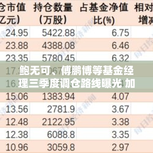 鲍无可、傅鹏博等基金经理三季度调仓路线曝光 加减仓明显分化