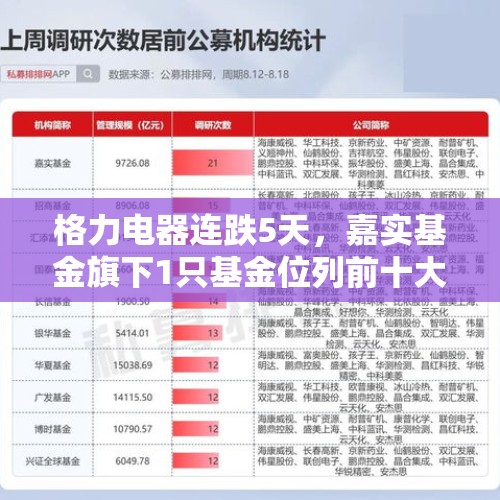 格力电器连跌5天，嘉实基金旗下1只基金位列前十大股东