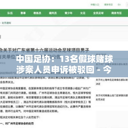 中国足协：13名假球赌球涉案人员申诉被驳回 - 今日头条