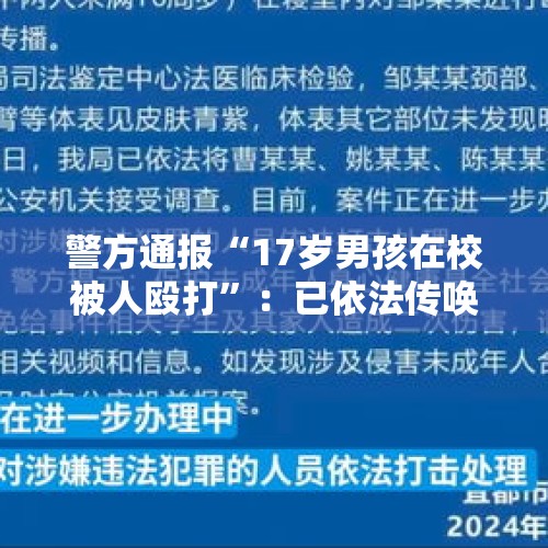 警方通报“17岁男孩在校被人殴打”：已依法传唤涉案人员 - 今日头条